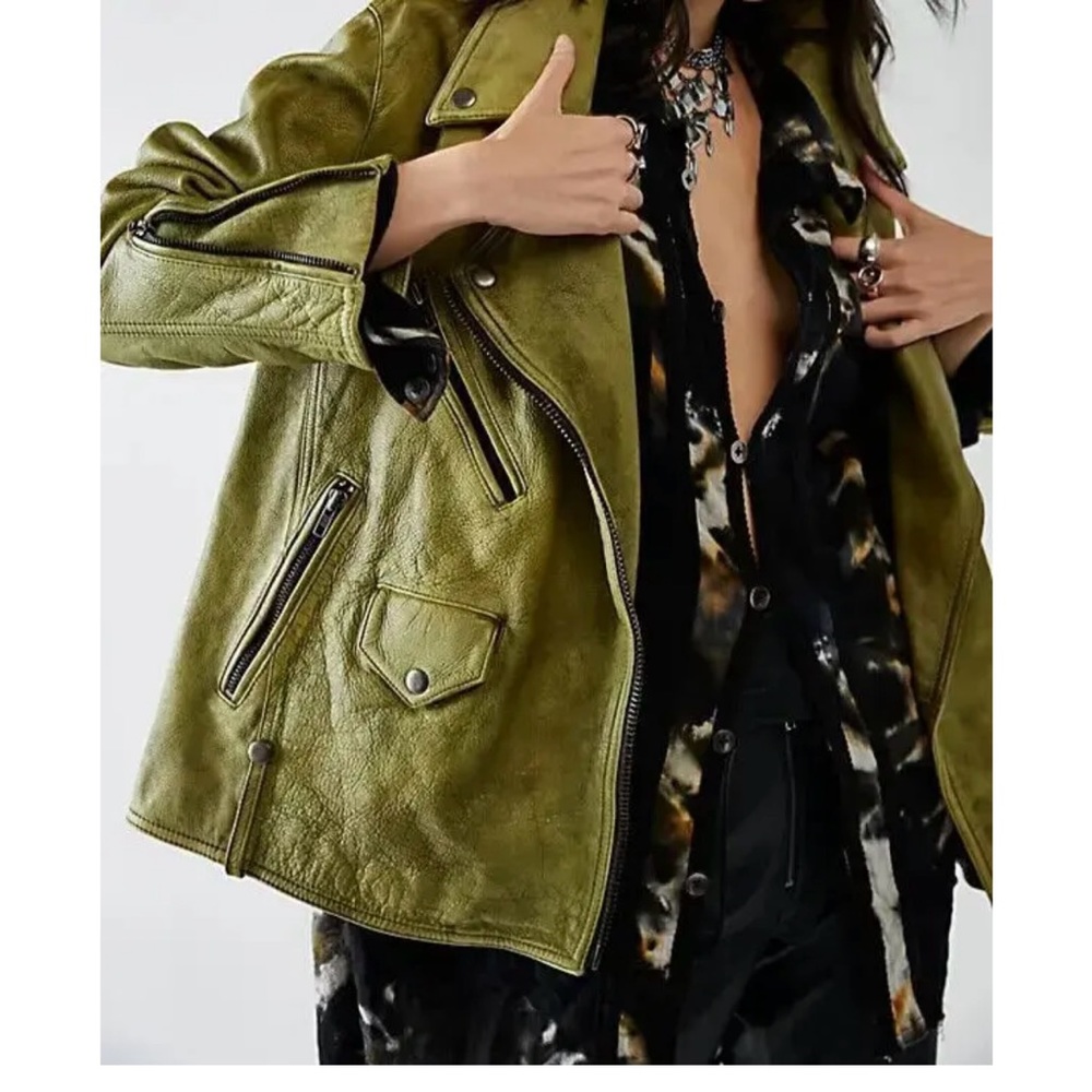 NEW Free People We The Free Jealousy Leather Moto Jacket in Avocado Size Large